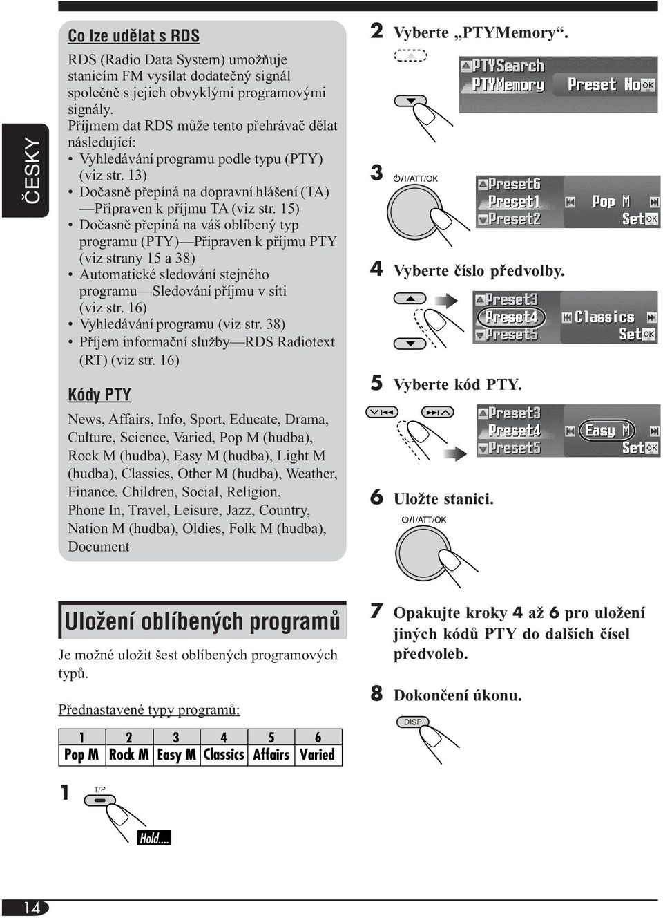 15) Dočasně přepíná na váš oblíbený typ programu (PTY) Připraven k příjmu PTY (viz strany 15 a 38) Automatické sledování stejného programu Sledování příjmu v síti (viz str.