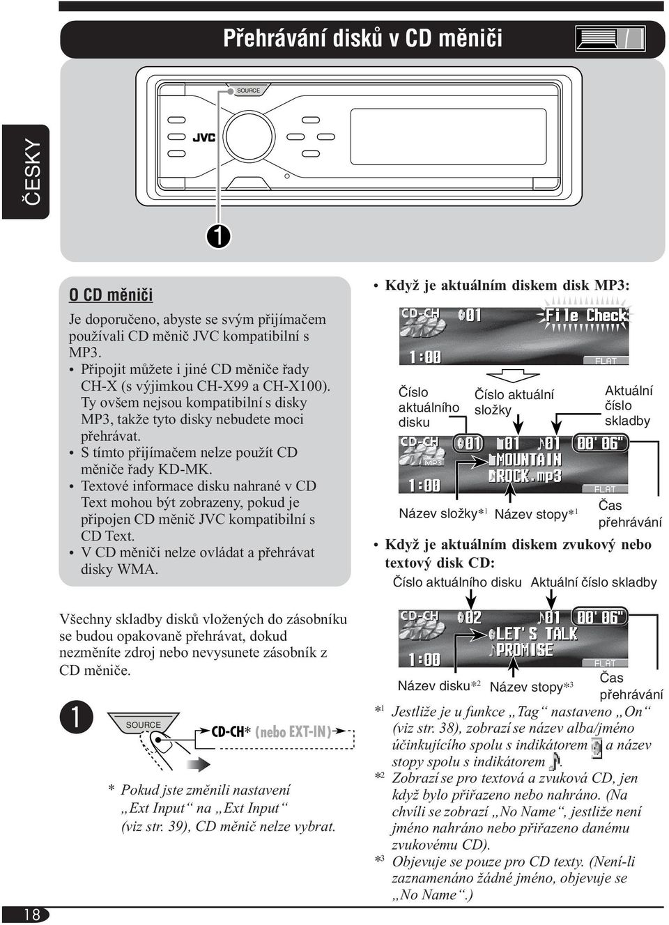 S tímto přijímačem nelze použít CD měniče řady KD-MK. Textové informace disku nahrané v CD Text mohou být zobrazeny, pokud je připojen CD měnič JVC kompatibilní s CD Text.
