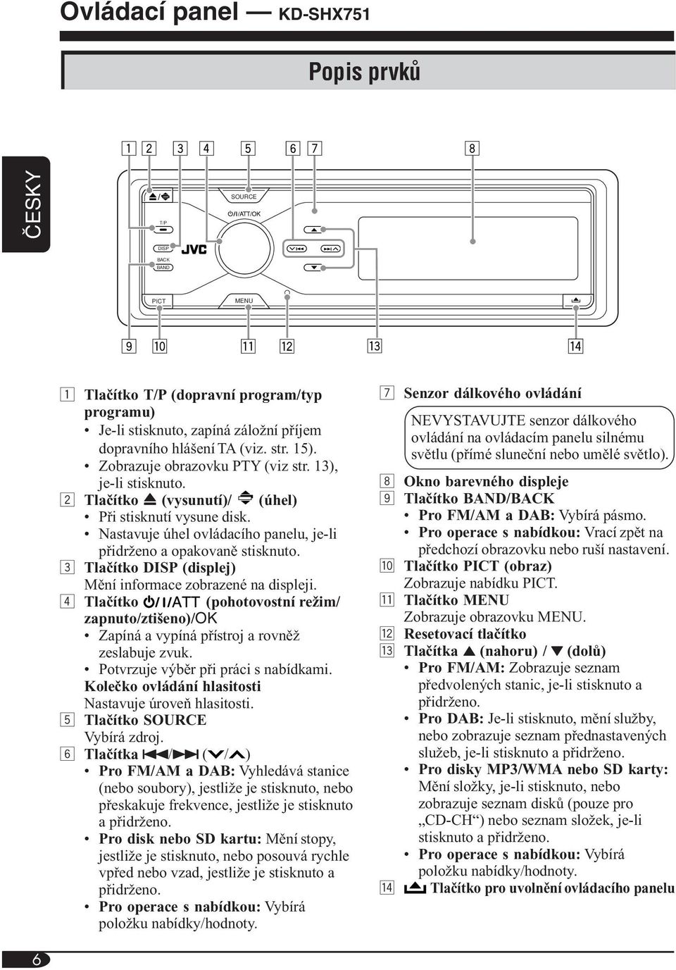 3 Tlačítko DISP (displej) Mění informace zobrazené na displeji. 4 Tlačítko (pohotovostní režim/ zapnuto/ztišeno)/ok Zapíná a vypíná přístroj a rovněž zeslabuje zvuk.