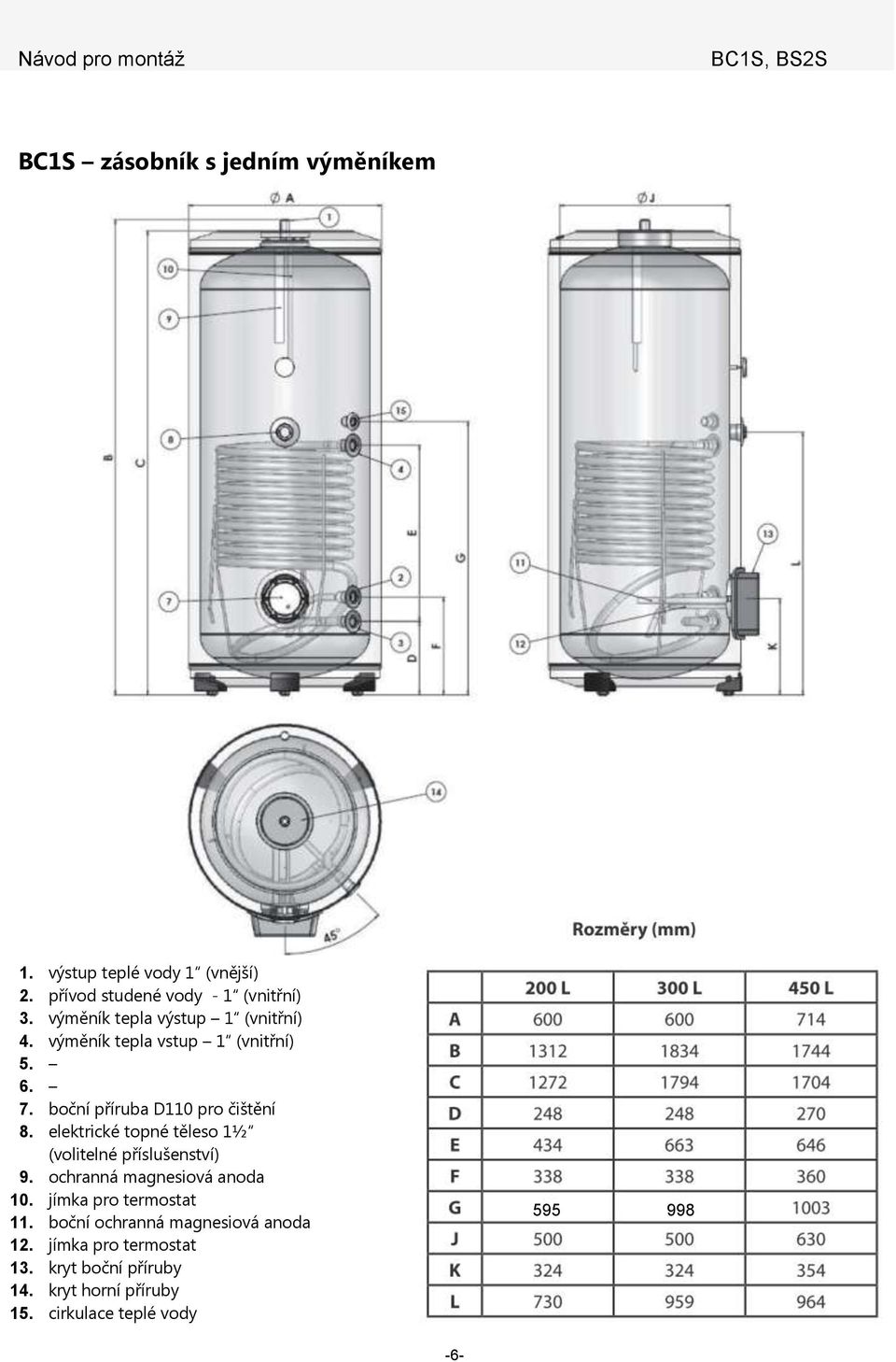 elektrické topné těleso 1½ (volitelné příslušenství) 9. ochranná magnesiová anoda 10. jímka pro termostat 11.