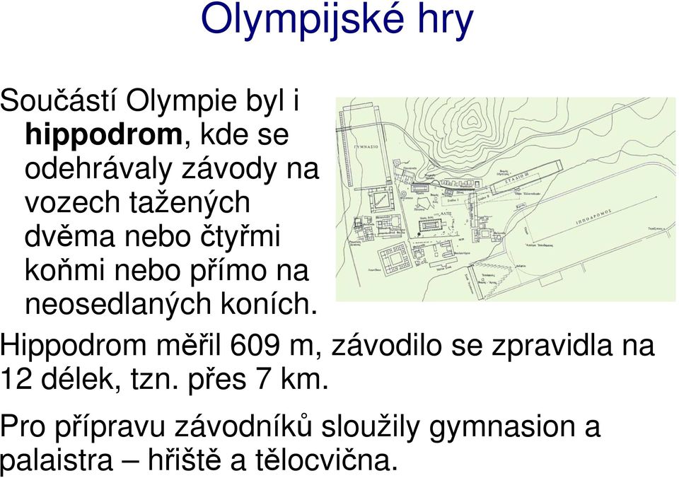 Hippodrom měřil 609 m, závodilo se zpravidla na 12 délek, tzn.