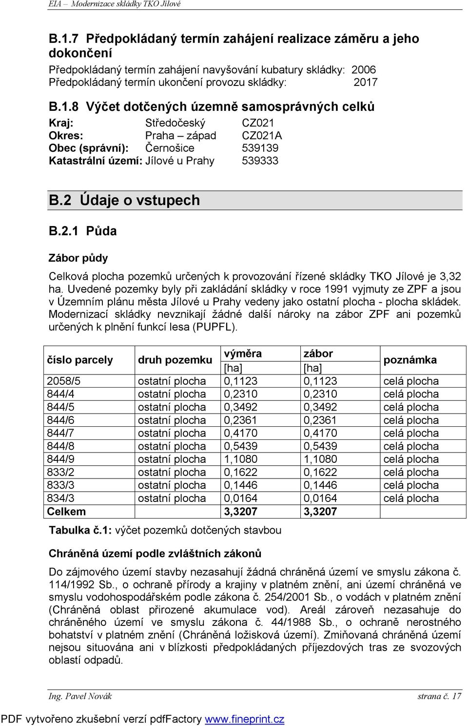 Uvedené pozemky byly při zakládání skládky v roce 1991 vyjmuty ze ZPF a jsou v Územním plánu města Jílové u Prahy vedeny jako ostatní plocha - plocha skládek.