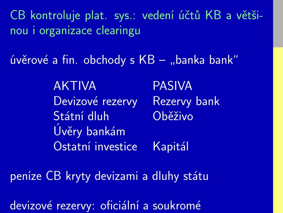 obchody s KB banka bank AKTIVA Devizové rezervy Státní dluh Úvěry bankám