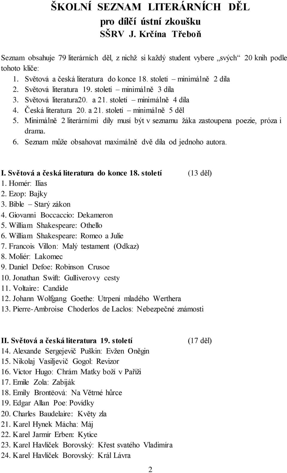 a 21. století minimálně 5 děl 5. Minimálně 2 literárními díly musí být v žáka zastoupena poezie, próza i drama. 6. Seznam může obsahovat maximálně dvě díla od jednoho a. I.