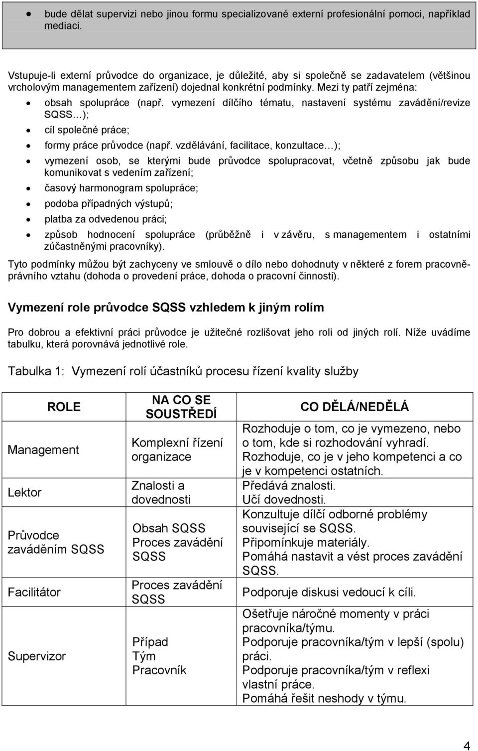 Mezi ty patří zejména: obsah spolupráce (např. vymezení dílčího tématu, nastavení systému zavádění/revize SQSS ); cíl společné práce; formy práce průvodce (např.