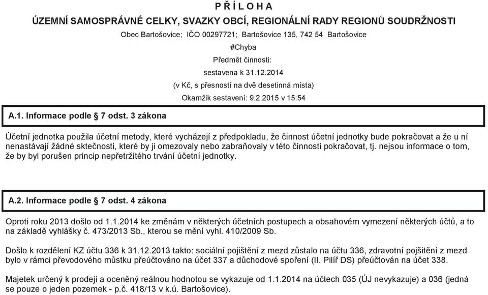 7721; Bartošovice 135, 742 54 Bartošovice #Chyba Předmět činnosti: sestavena k 31.12.2014 (v Kč, s přesností na dvě desetinná místa) Okamžik sestavení: 9.2.2015 v 15:54 Účetní jednotka použila účetní