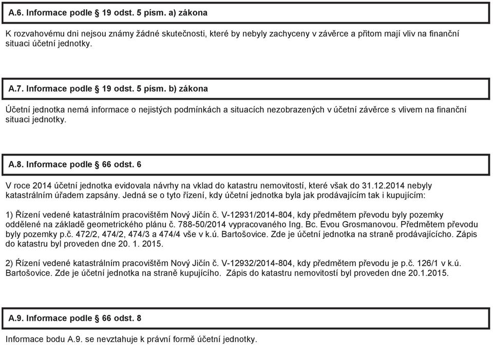 Informace podle 66 odst. 6 V roce 2014 účetní jednotka evidovala návrhy na vklad do katastru nemovitostí, které však do 31.12.2014 nebyly katastrálním úřadem zapsány.