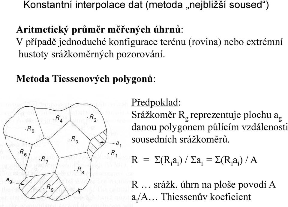 Metoda Tiessenových polygonů: Předpoklad: Srážkoměr R g reprezentuje plochu a g danou polygonem půlícím
