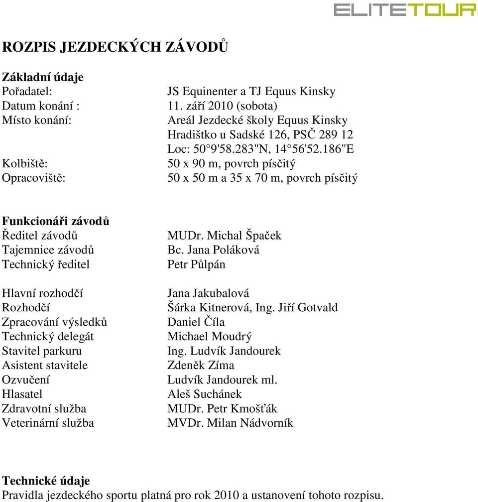 186"E 50 x 90 m, povrch písčitý 50 x 50 m a 35 x 70 m, povrch písčitý Funkcionáři závodů Ředitel závodů Tajemnice závodů Technický ředitel Hlavní rozhodčí Rozhodčí Zpracování výsledků Technický