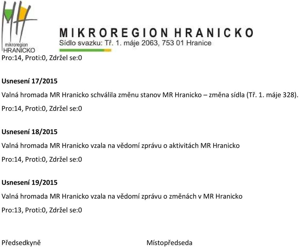 Usnesení 18/2015 Valná hromada MR Hranicko vzala na vědomí zprávu o aktivitách MR