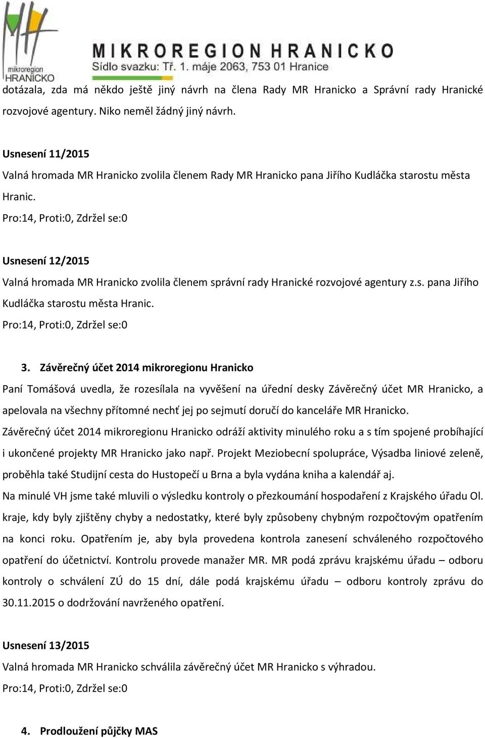 Usnesení 12/2015 Valná hromada MR Hranicko zvolila členem správní rady Hranické rozvojové agentury z.s. pana Jiřího Kudláčka starostu města Hranic. 3.