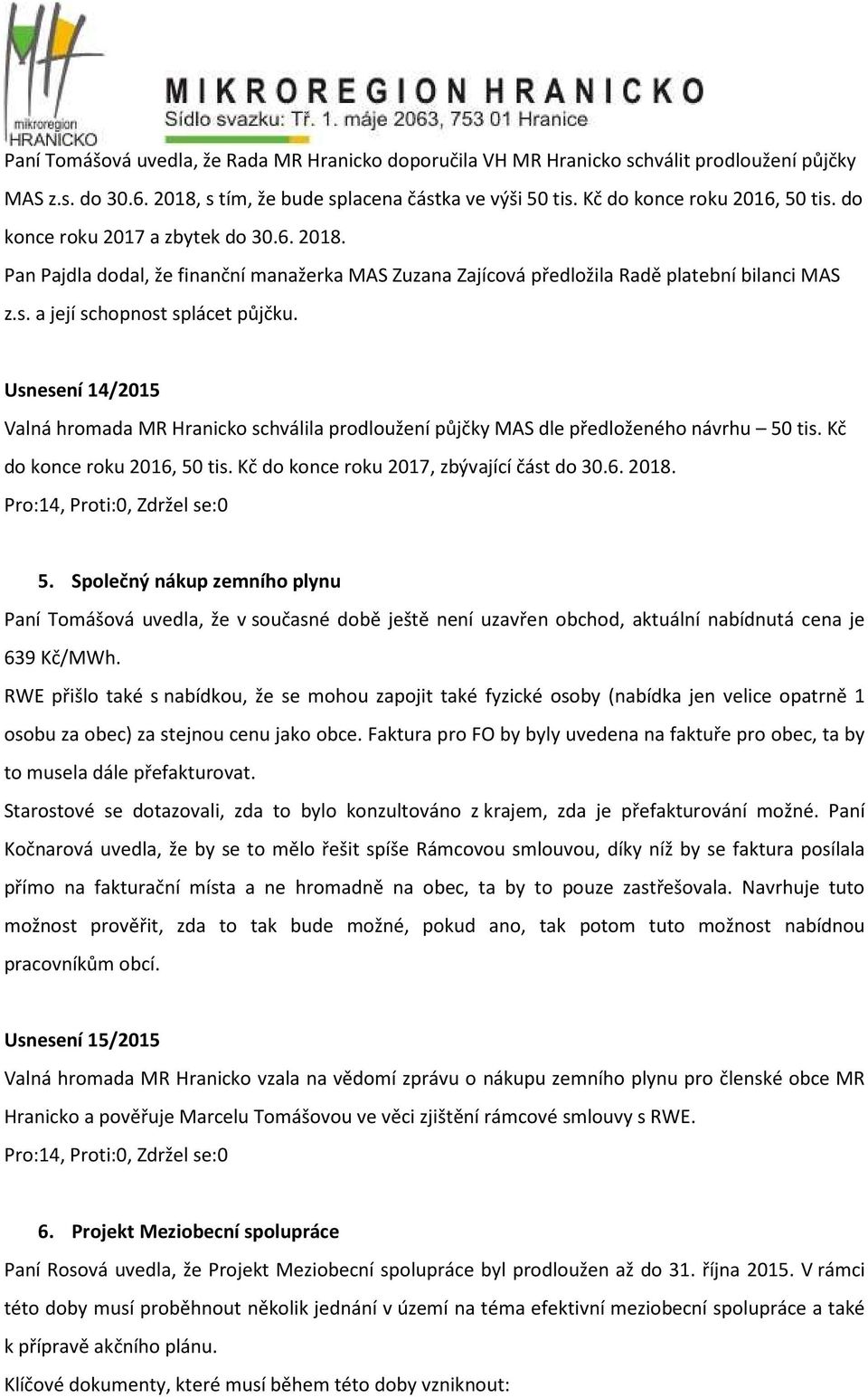 Usnesení 14/2015 Valná hromada MR Hranicko schválila prodloužení půjčky MAS dle předloženého návrhu 50