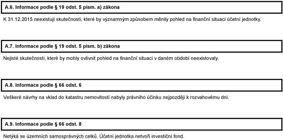 5 písm. b) zákona Nejisté skutečnosti, které by mohly ovlivnit pohled na finanční situaci v daném období neexistovaly. A.8.