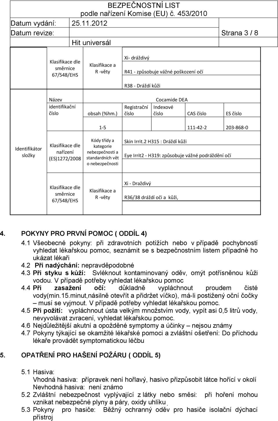 2 H315 : Dráždí kůži Eye Irrit2 - H319: způsobuje vážné podráždění očí směrnice 67/548/EHS Klasifikace a R -věty Xi - Draždivý R36/38 dráždí oči a kůži, 4. POKYNY PRO PRVNÍ POMOC ( ODDÍL 4) 4.