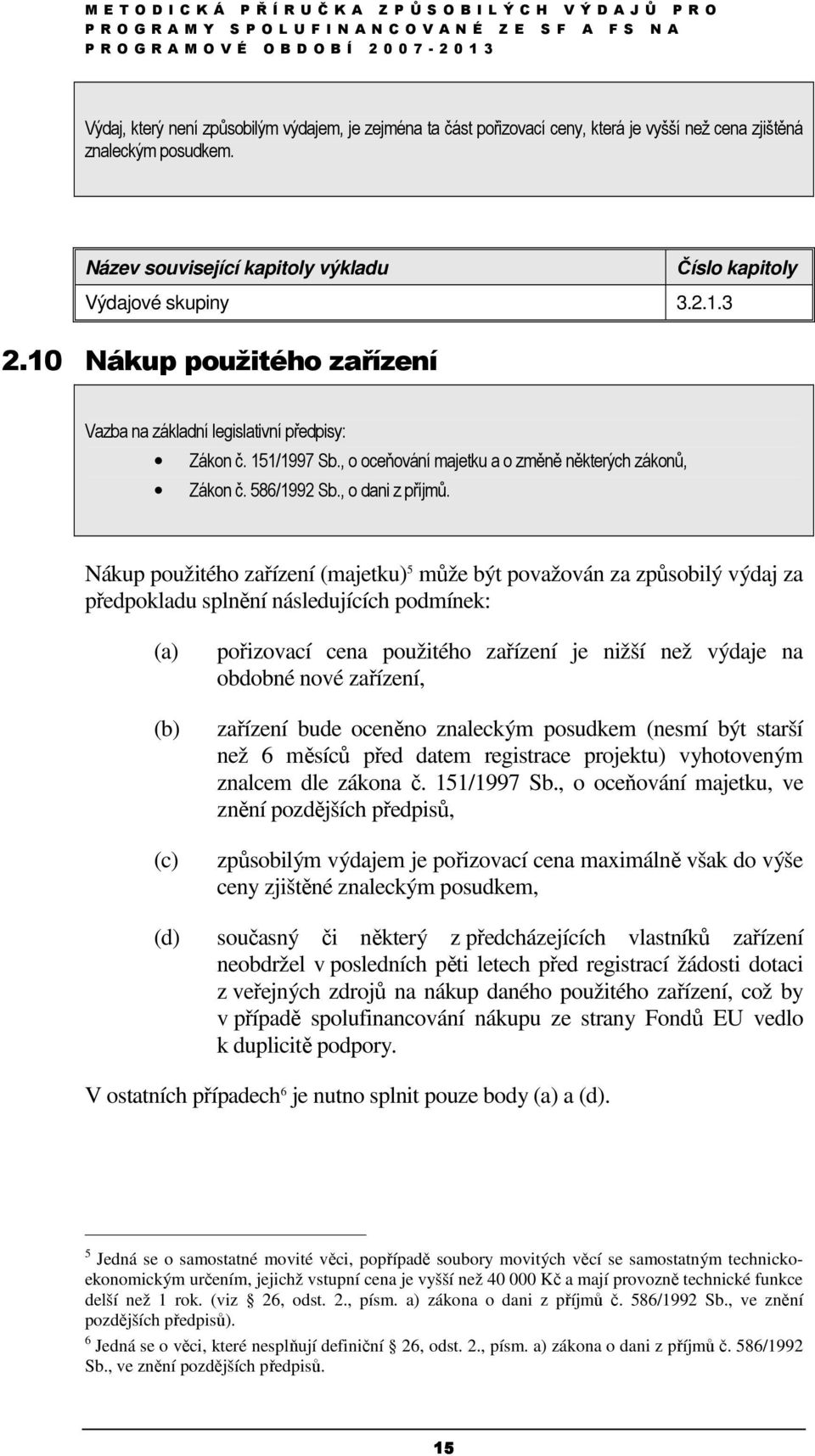 Nákup použitého zařízení (majetku) 5 může být považován za způsobilý výdaj za předpokladu splnění následujících podmínek: (a) (b) (c) (d) pořizovací cena použitého zařízení je nižší než výdaje na