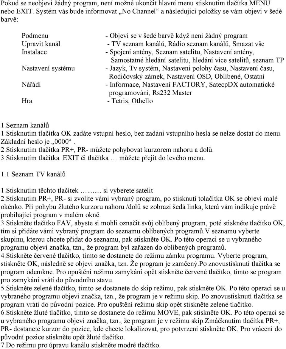 Smazat vše Instalace - Spojení antény, Seznam satelitu, Nastavení antény, Samostatné hledání satelitu, hledání více satelitů, seznam TP Nastavení systému - Jazyk, Tv systém, Nastavení polohy času,