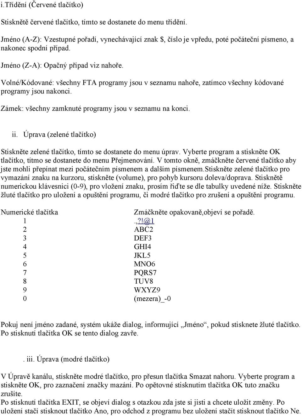 Volné/Kódované: všechny FTA programy jsou v seznamu nahoře, zatímco všechny kódované programy jsou nakonci. Zámek: všechny zamknuté programy jsou v seznamu na konci. ii.