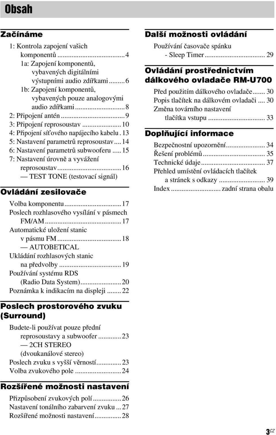 13 5: Nastavení parametrů reprosoustav...14 6: Nastavení parametrů subwooferu...15 7: Nastavení úrovně a vyvážení reprosoustav...16 TEST TONE (testovací signál) Ovládání zesilovače Volba komponentu.