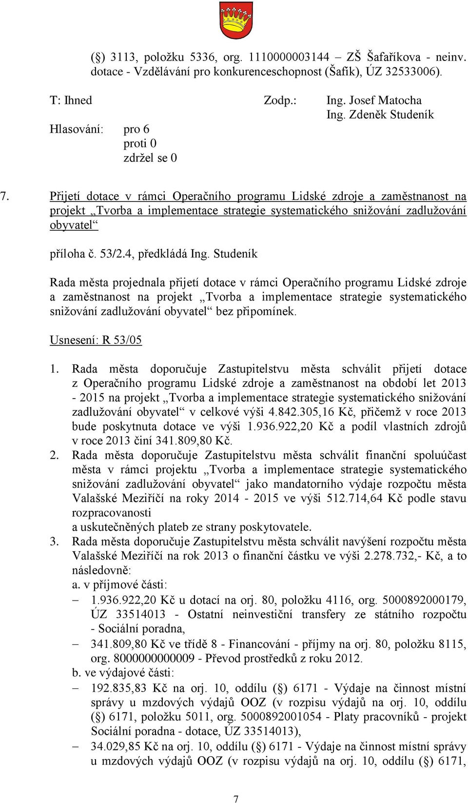 Studeník Rada města projednala přijetí dotace v rámci Operačního programu Lidské zdroje a zaměstnanost na projekt Tvorba a implementace strategie systematického snižování zadlužování obyvatel bez