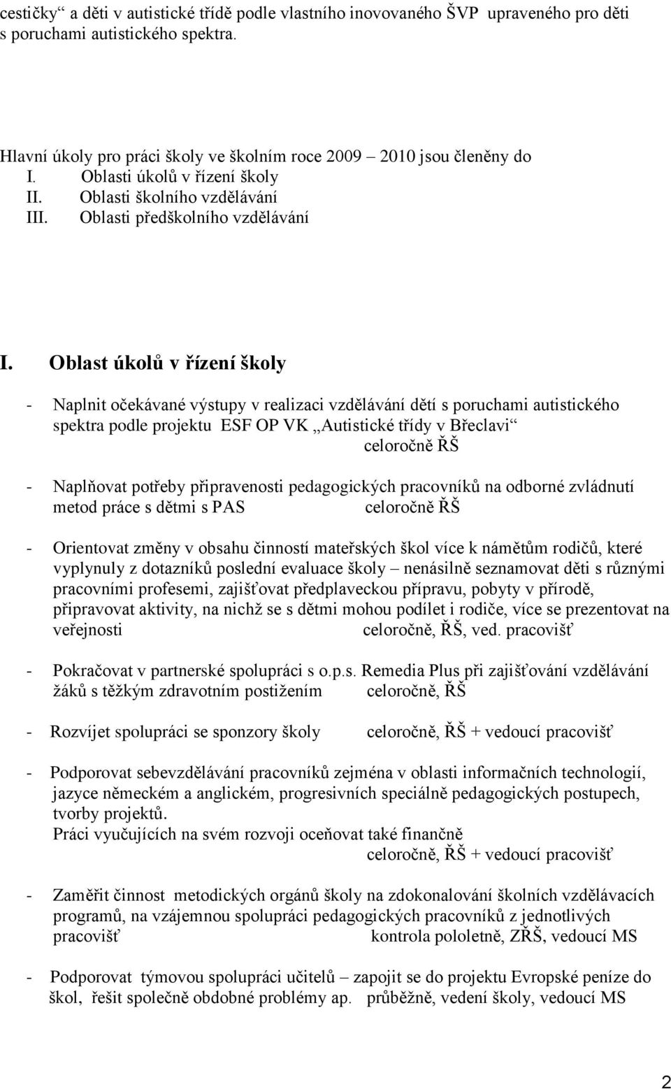 Oblast úkolů v řízení školy - Naplnit očekávané výstupy v realizaci vzdělávání dětí s poruchami autistického spektra podle projektu ESF OP VK Autistické třídy v Břeclavi celoročně ŘŠ - Naplňovat