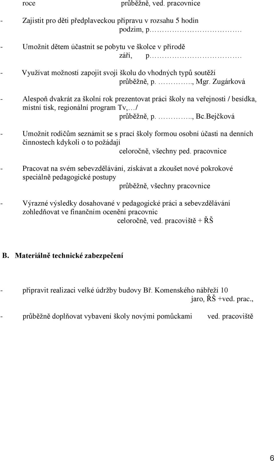 Zugárková - Alespoň dvakrát za školní rok prezentovat práci školy na veřejnosti / besídka, místní tisk, regionální program Tv, / průběžně, p..., Bc.