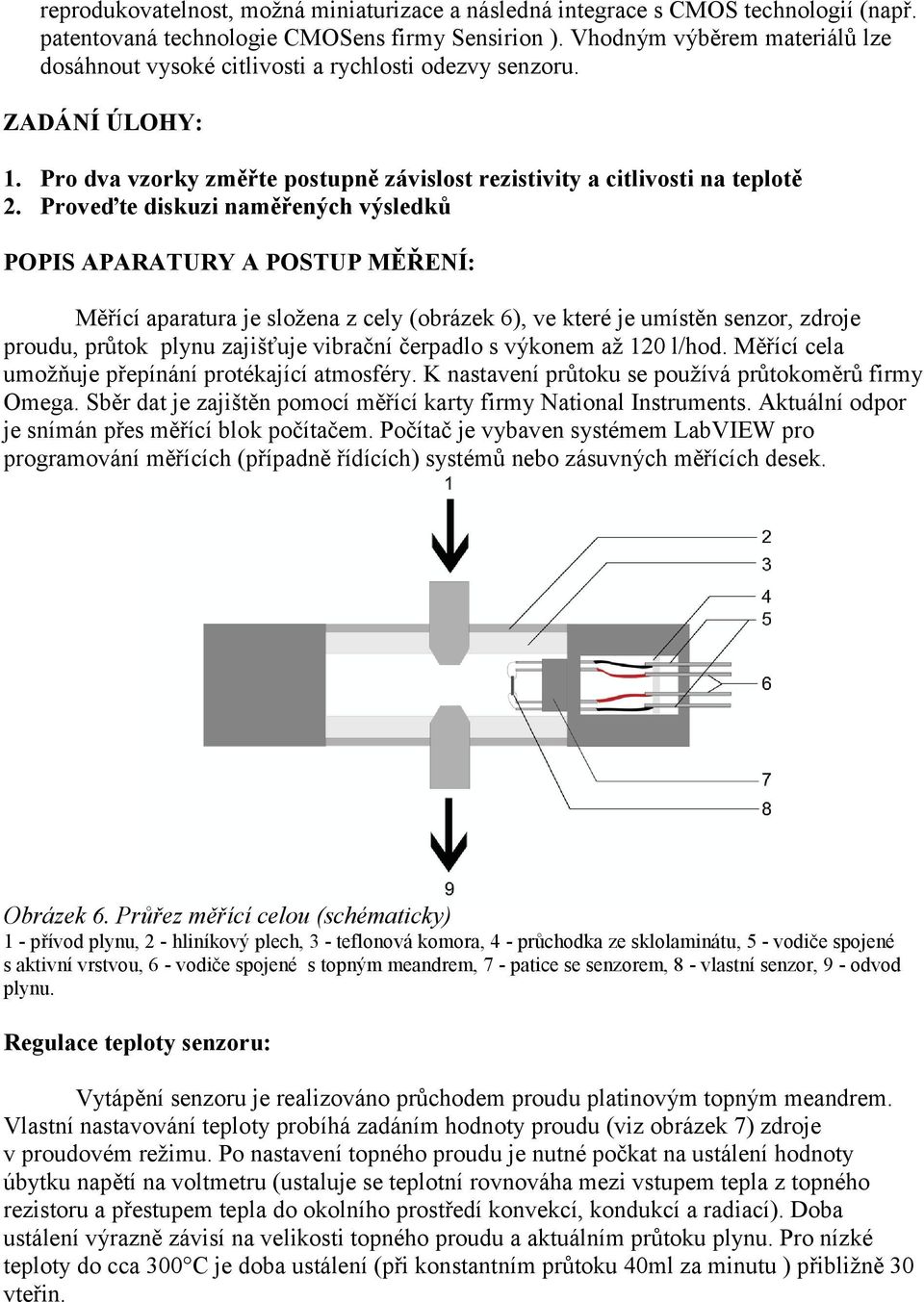 Proveďte diskuzi naměřených výsledků POPIS APARATURY A POSTUP MĚŘENÍ: Měřící aparatura je složena z cely (obrázek 6), ve které je umístěn senzor, zdroje proudu, průtok plynu zajišťuje vibrační