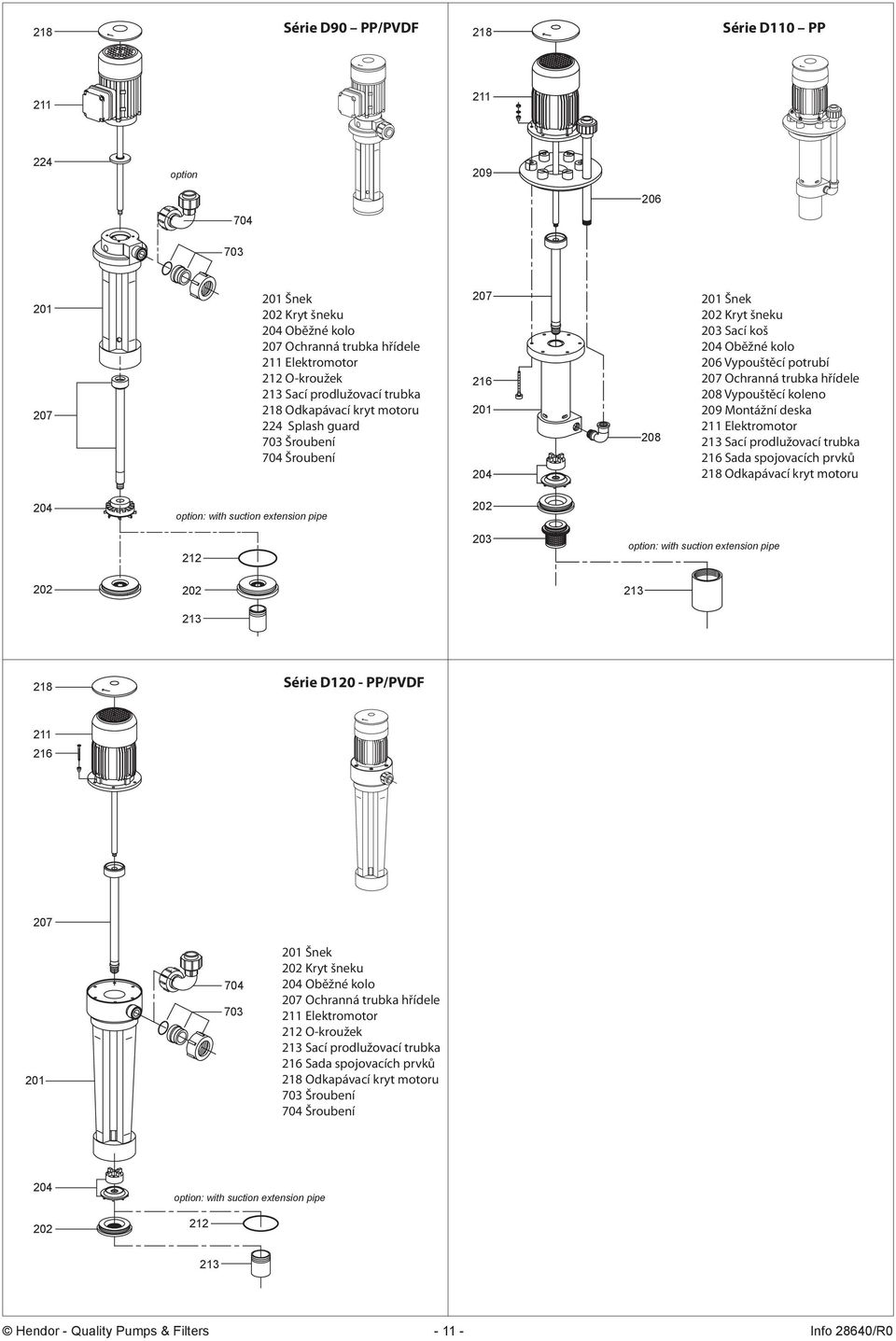 hřídele 208 Vypouštěcí koleno 209 Montážní deska 211 Elektromotor 213 Sací prodlužovací trubka 216 Sada spojovacích prvků 218 Odkapávací kryt motoru 204 option: with suction extension pipe 202 212