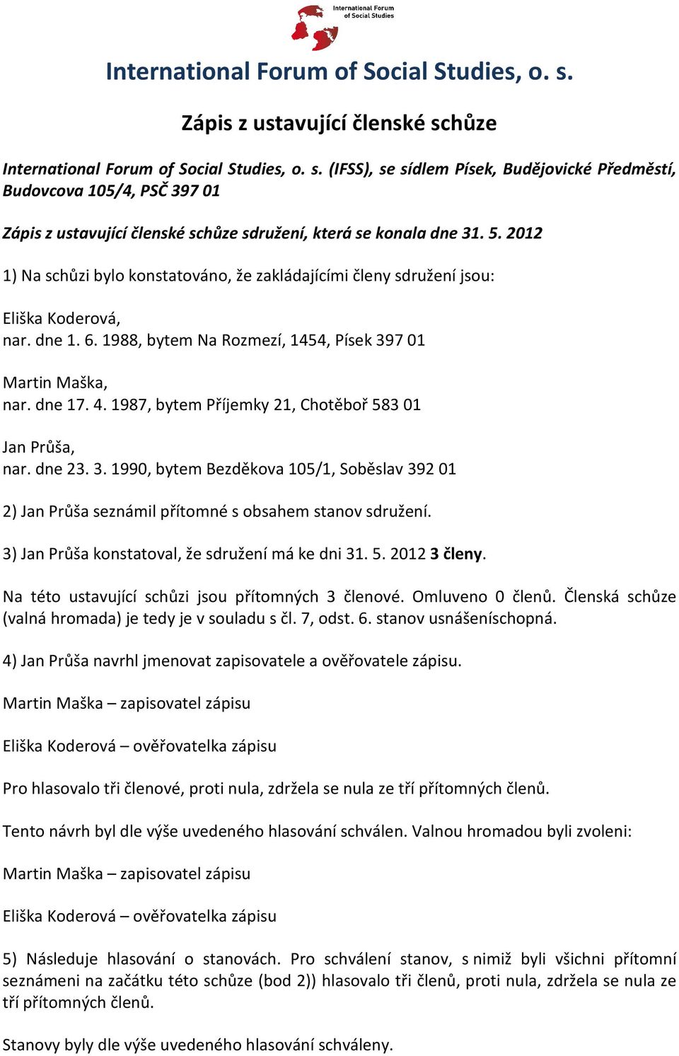 1987, bytem Příjemky 21, Chotěboř 583 01 Jan Průša, nar. dne 23. 3. 1990, bytem Bezděkova 105/1, Soběslav 392 01 2) Jan Průša seznámil přítomné s obsahem stanov sdružení.