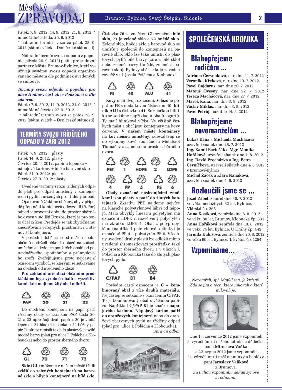 Termíny svozu odpadu z popelnic pro ulice Hodňov, část ulice Podzámčí a Blizákovec Pátek : 7. 9. 2012, 14. 9. 2012, 21. 9. 2012, * mimořádně čtvrtek 27. 9. 2012 * náhradní termín svozu za pátek 28. 9. 2012 (státní svátek Den české státnosti) TERMÍNY SVOZU TØÍDÌNÉHO ODPADU V ZÁØÍ 2012 Pátek 7.