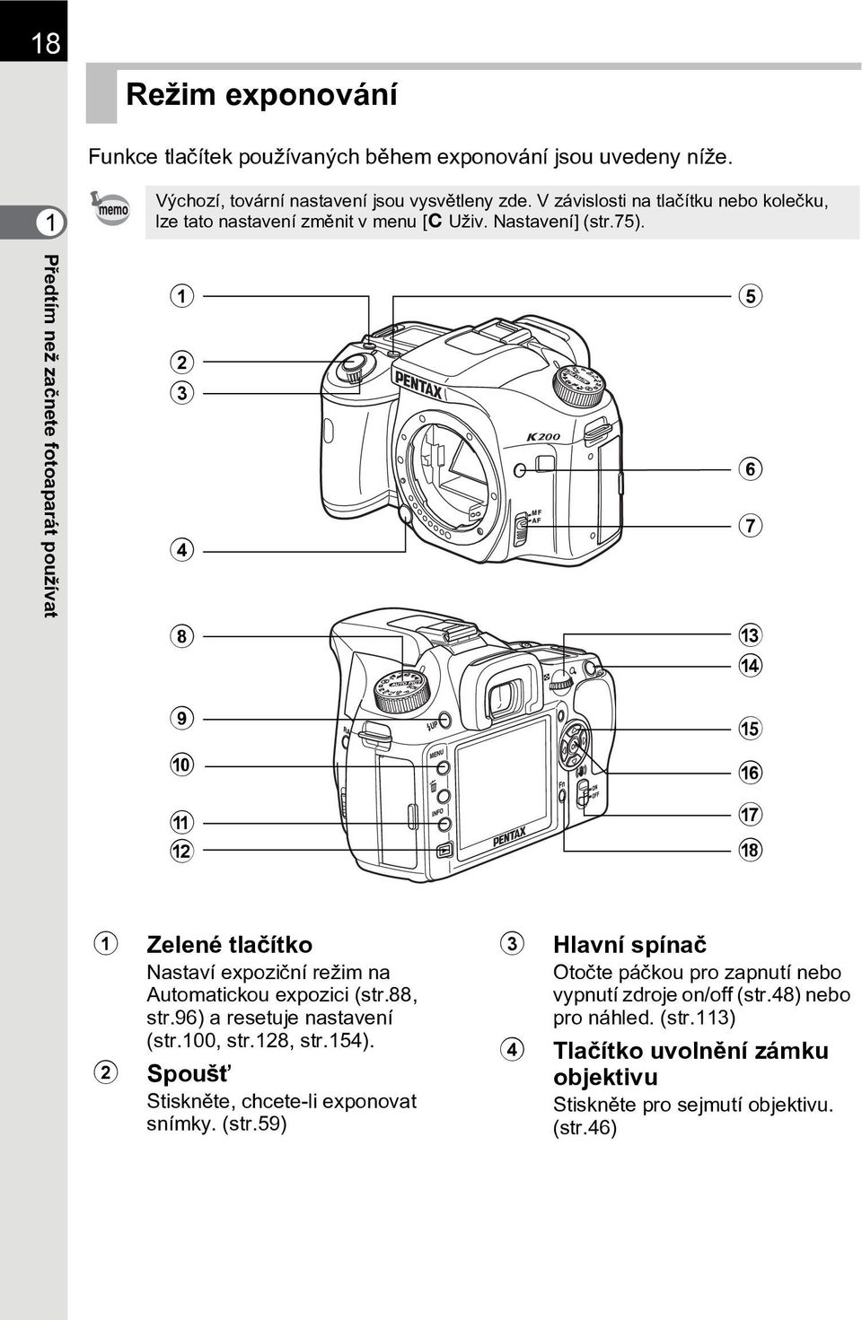 Pøedtím než zaènete fotoaparát používat 1 2 3 4 8 5 6 7 c d 9 0 a b e f g h 1 Zelené tlaèítko Nastaví expozièní režim na Automatickou expozici (str.88, str.