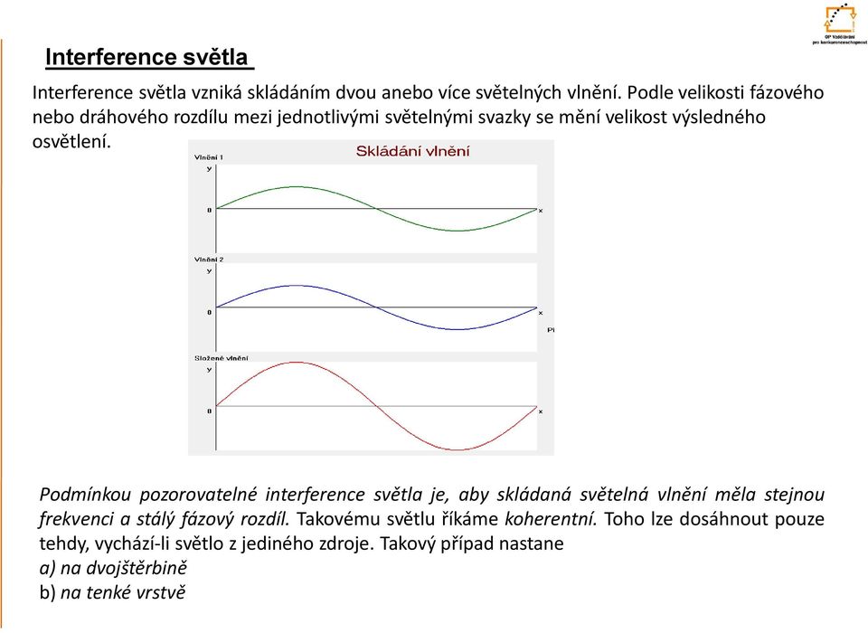 Podmínkou pozorovatelné interference světla je, aby skládaná světelná vlnění měla stejnou frekvenci a stálý fázový rozdíl.