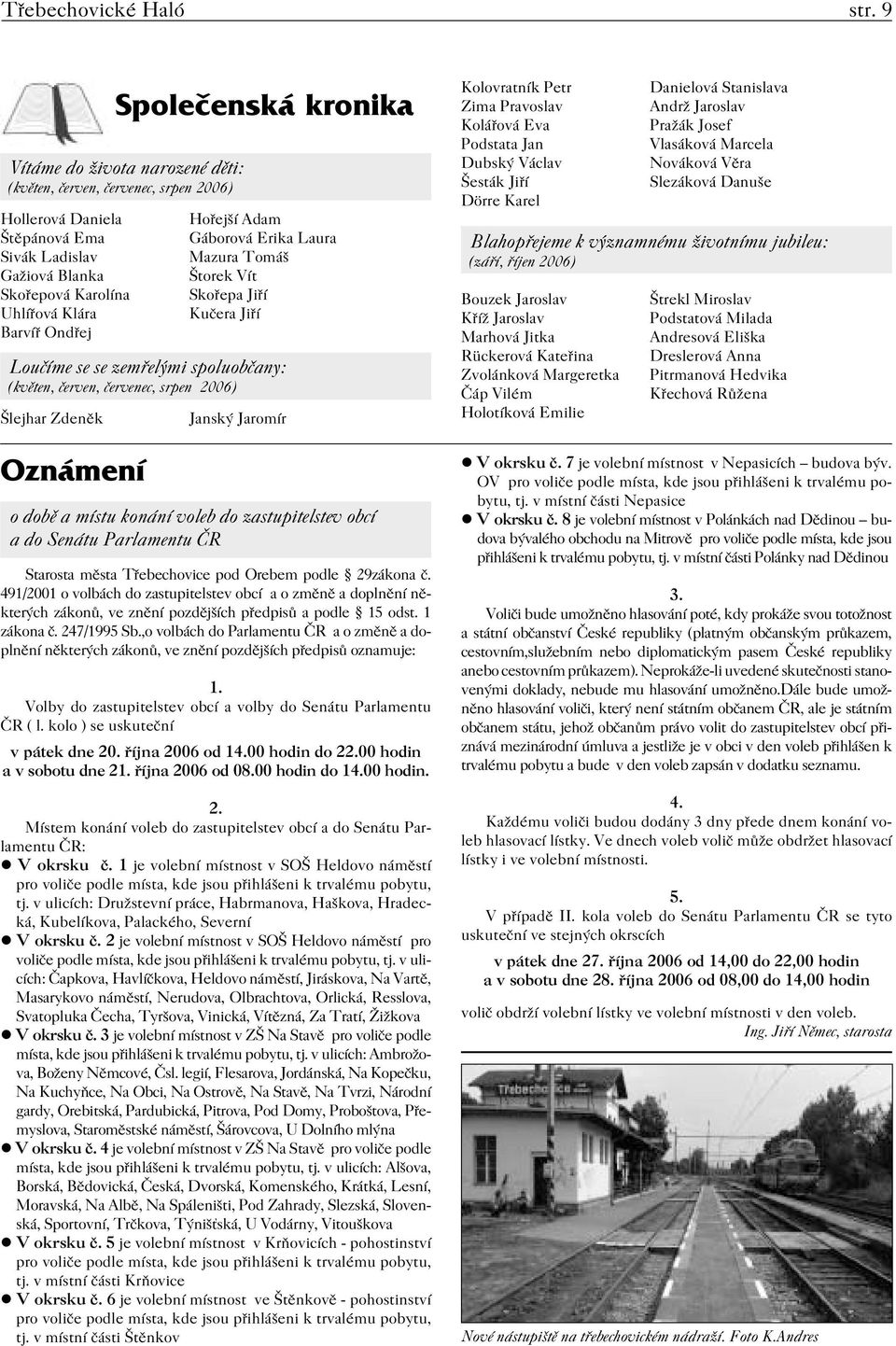 Gáborová Erika Laura Mazura Tomáš Štorek Vít Skořepa Jiří Kučera Jiří Loučíme se se zemřelými spoluobčany: (květen, červen, červenec, srpen 2006) Šlejhar Zdeněk Oznámení Společenská kronika Janský