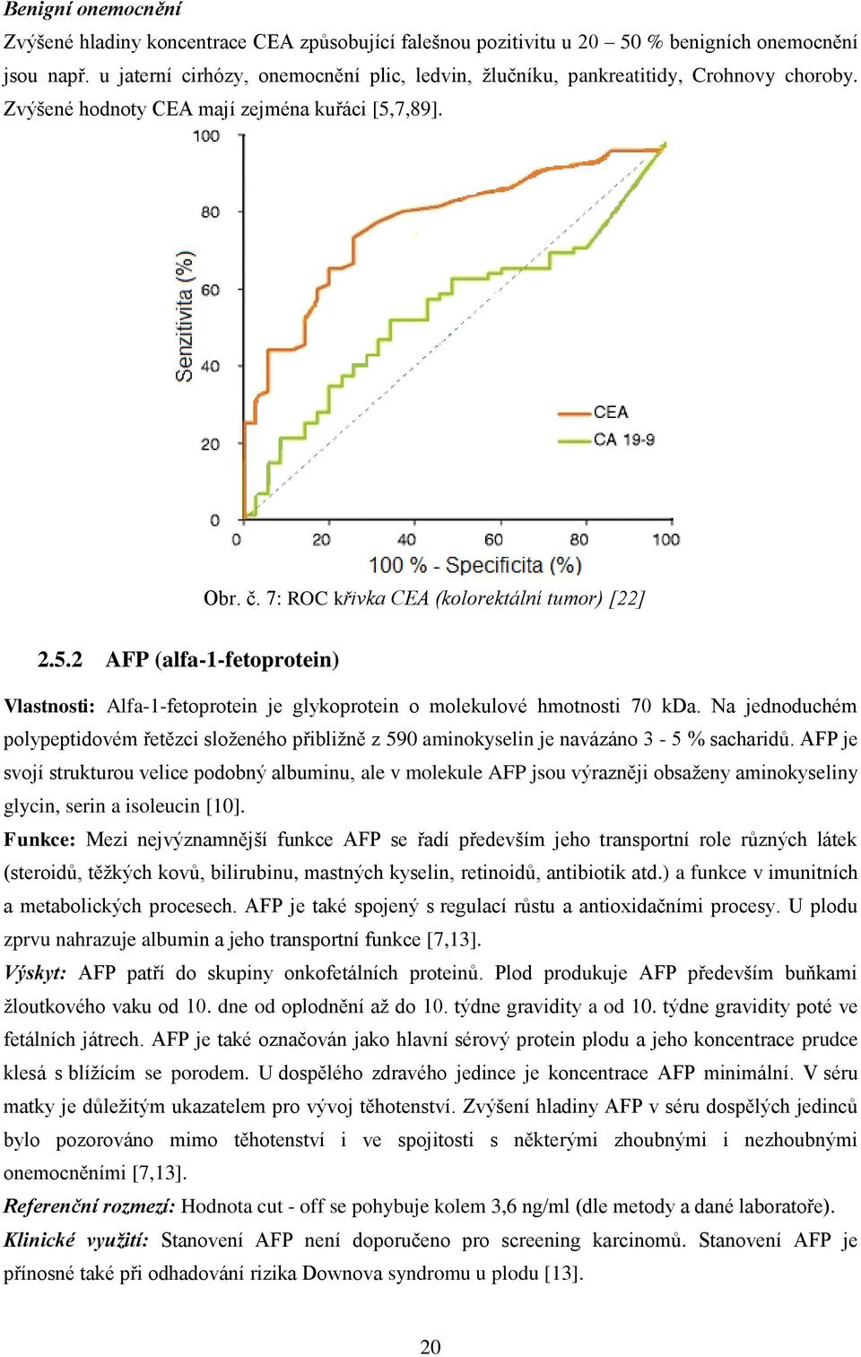 7,89]. Obr. č. 7: ROC křivka CEA (kolorektální tumor) [22] 2.5.2 AFP (alfa-1-fetoprotein) Vlastnosti: Alfa-1-fetoprotein je glykoprotein o molekulové hmotnosti 70 kda.