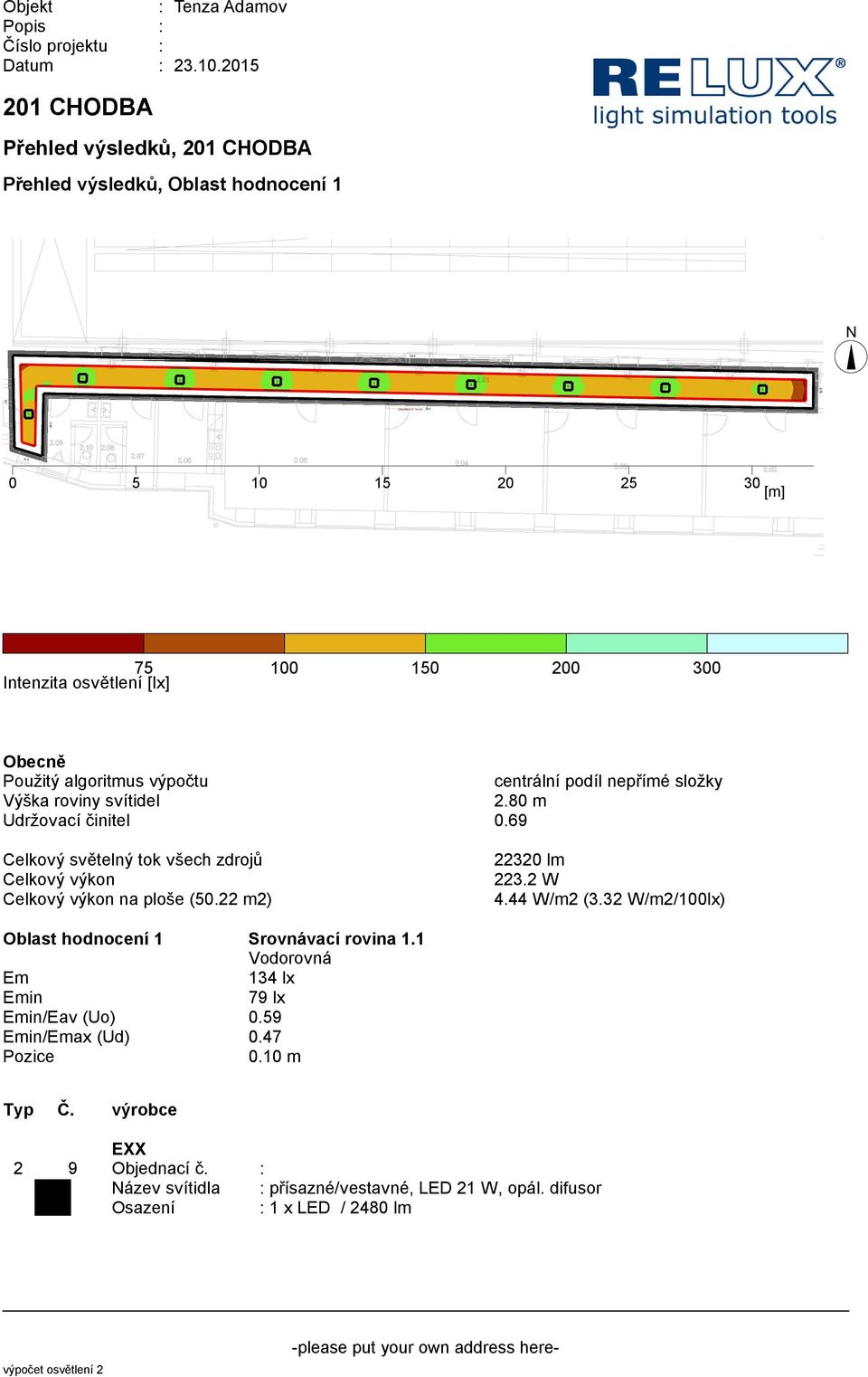 80 m Udržovací činitel 0.69 na ploše (50.22 m2) 22320 lm 223.2 W 4.44 W/m2 (3.