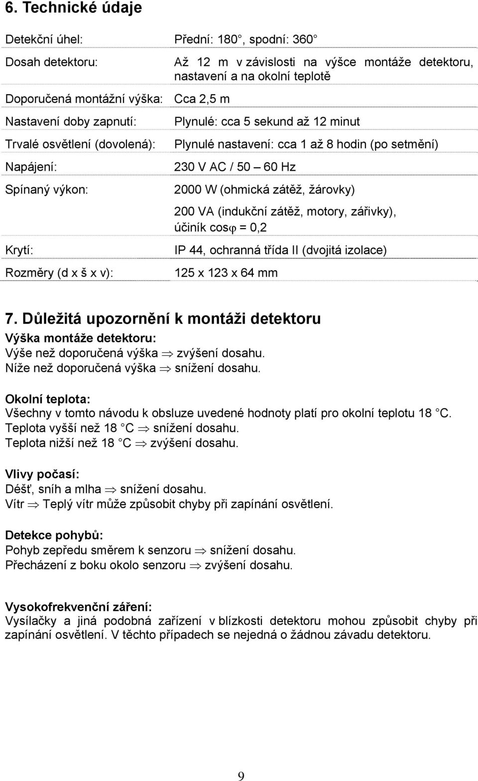 zátěž, žárovky) 200 VA (indukční zátěž, motory, zářivky), účiník cosϕ = 0,2 Krytí: Rozměry (d x š x v): IP 44, ochranná třída II (dvojitá izolace) 125 x 123 x 64 mm 7.