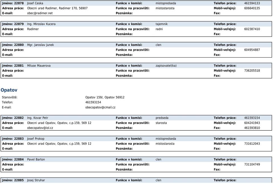 Jaroslav Junek Funkce v komisi: clen Telefon práce: Adresa práce: Funkce na pracovišti: Mobil-veřejný: 604954887 Jméno: 22881 Miluse Mauerova Funkce v komisi: zapisovatel(ka) Telefon práce: Adresa