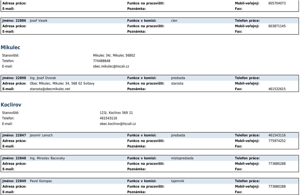 Josef Dvorak Funkce v komisi: predseda Telefon práce: Adresa práce: Obec Mikulec, Mikulec 34, 568 02 Svitavy Funkce na pracovišti: starosta Mobil-veřejný: starosta@obecmikulec.