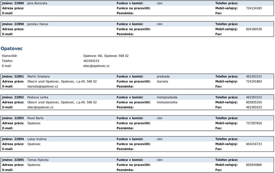 cz Jméno: 22891 Martin Smetana Funkce v komisi: predseda Telefon práce: 461593153 Adresa práce: Obecni urad Opatovec, Opatovec, c.p.40, 568 02 Funkce na pracovišti: starosta Mobil-veřejný: 724191883 starosta@opatovec.