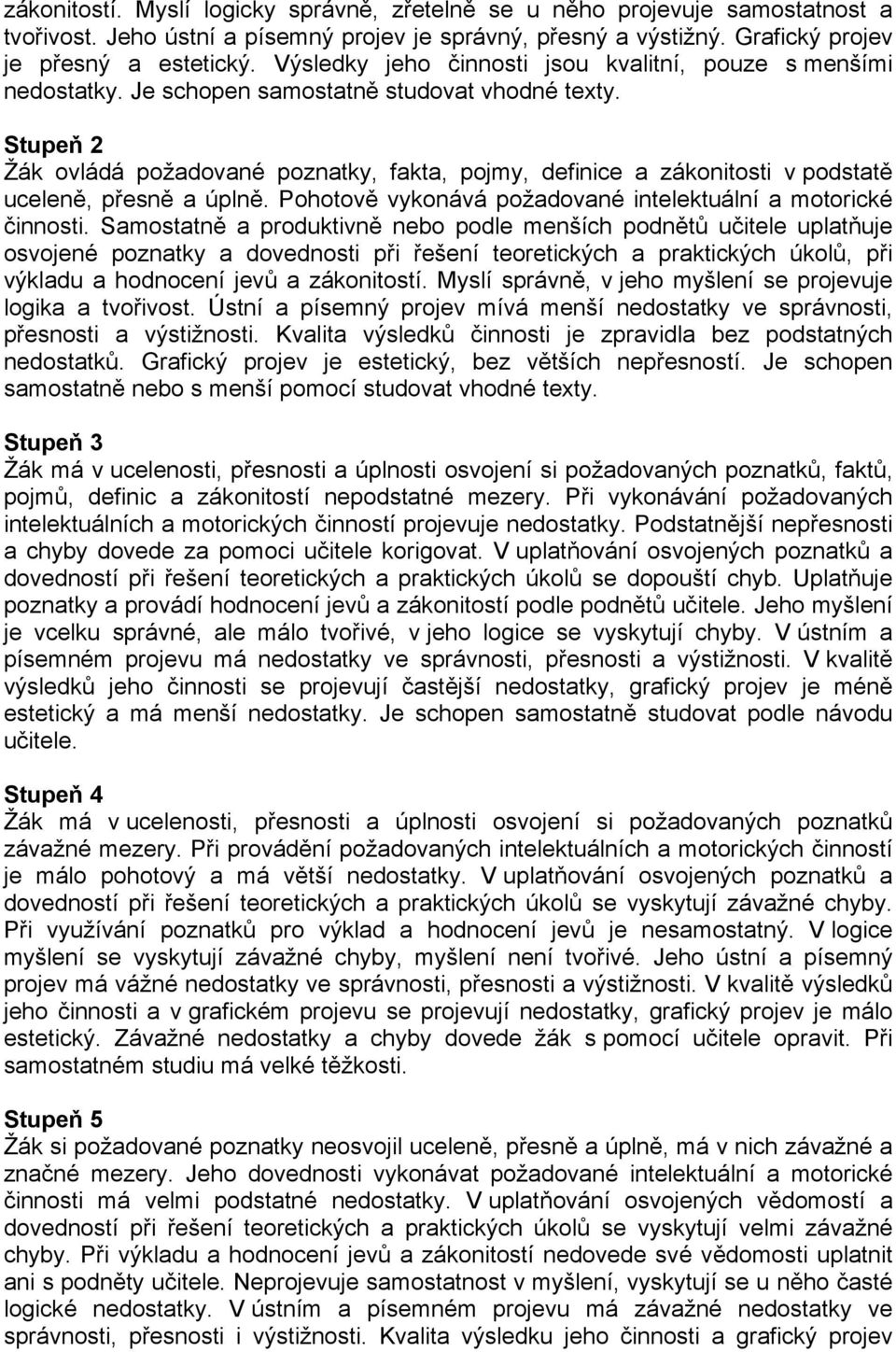 Stupeň 2 Žák ovládá požadované poznatky, fakta, pojmy, definice a zákonitosti v podstatě uceleně, přesně a úplně. Pohotově vykonává požadované intelektuální a motorické činnosti.