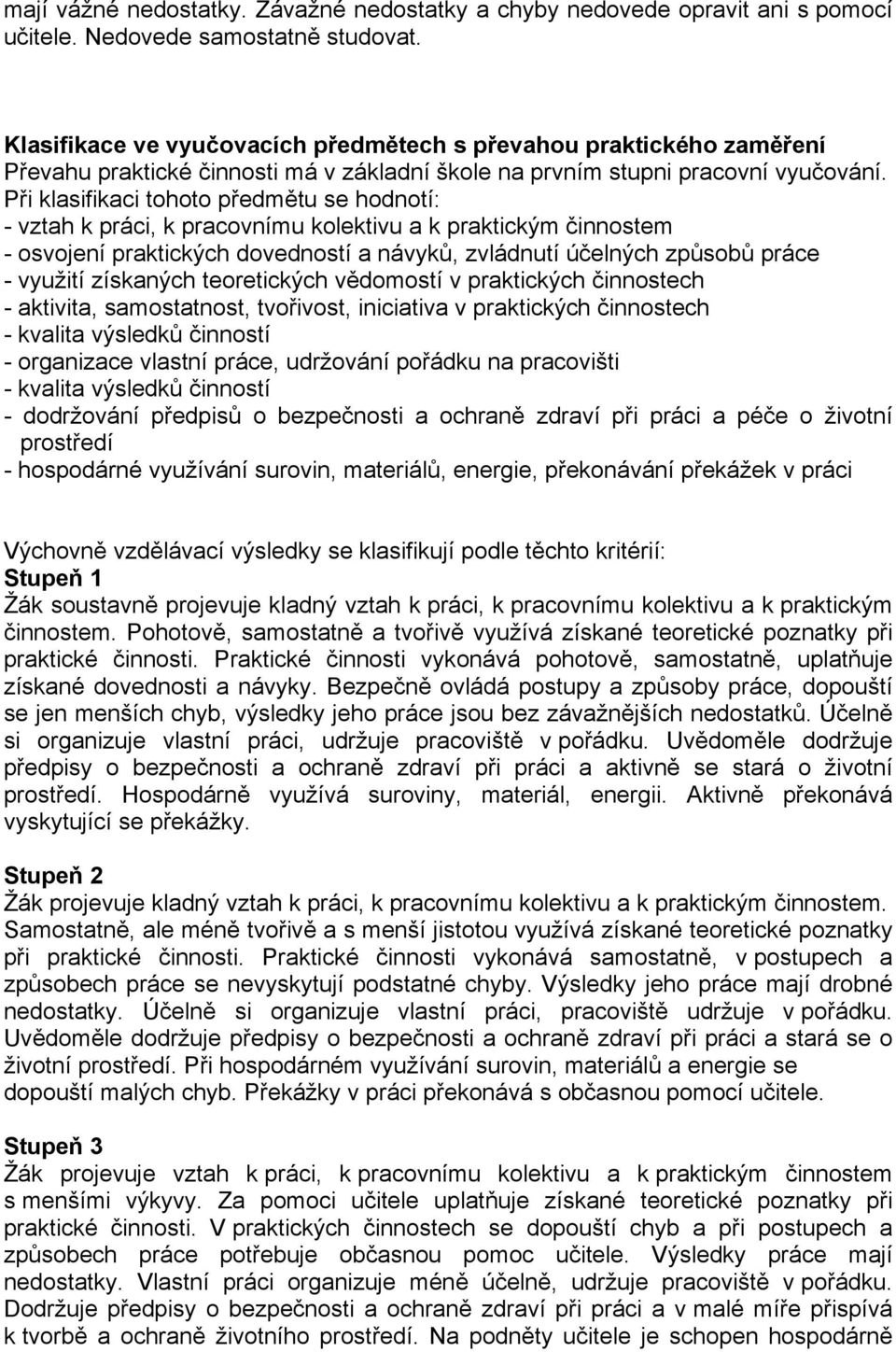 Při klasifikaci tohoto předmětu se hodnotí: - vztah k práci, k pracovnímu kolektivu a k praktickým činnostem - osvojení praktických dovedností a návyků, zvládnutí účelných způsobů práce - využití