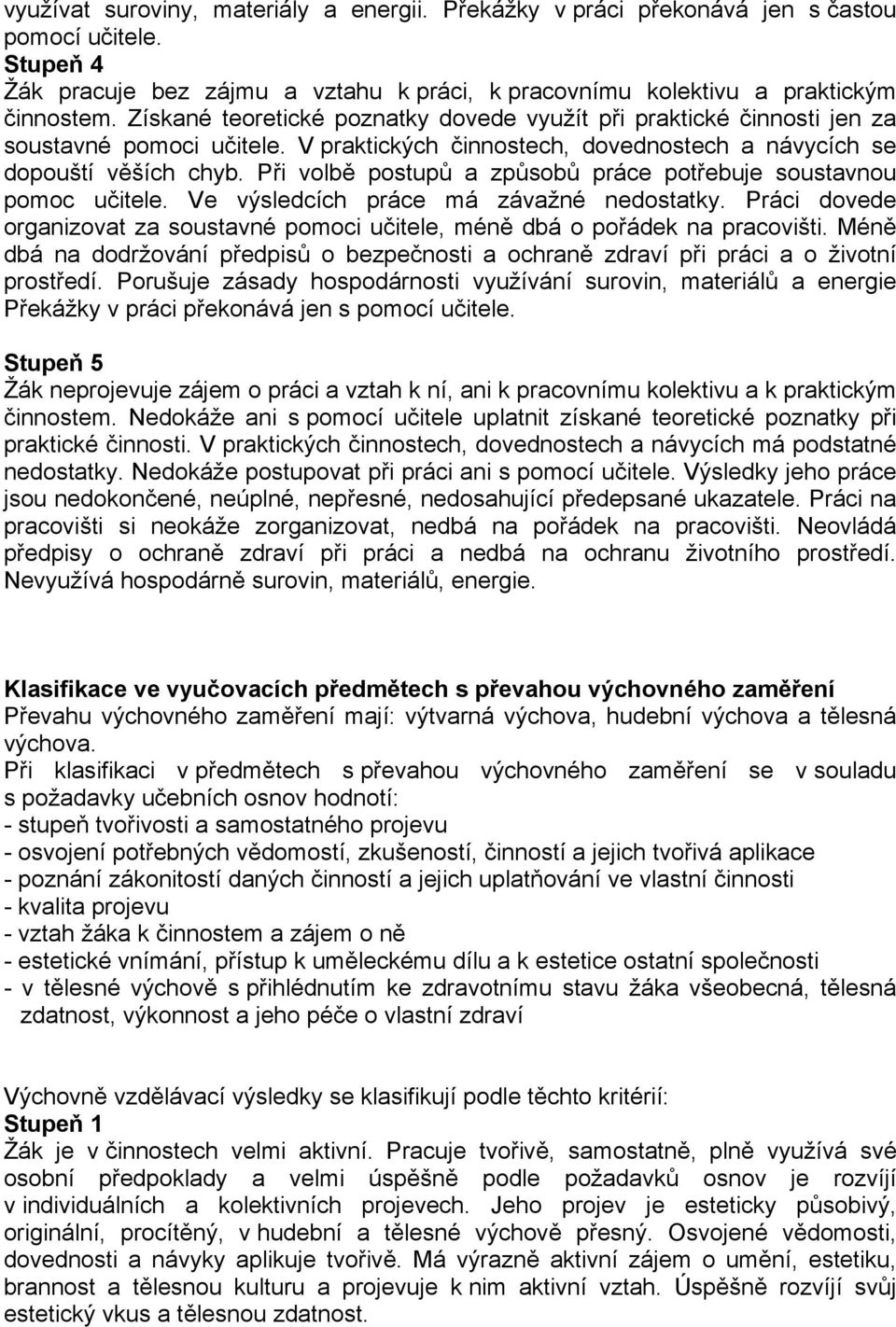 Při volbě postupů a způsobů práce potřebuje soustavnou pomoc učitele. Ve výsledcích práce má závažné nedostatky. Práci dovede organizovat za soustavné pomoci učitele, méně dbá o pořádek na pracovišti.