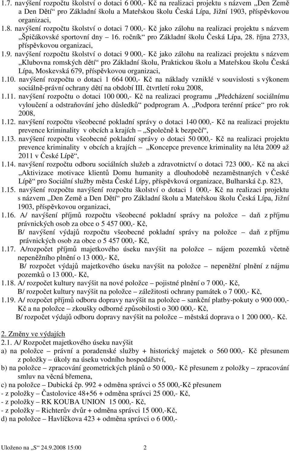 října 2733, příspěvkovou organizaci, 1.9.