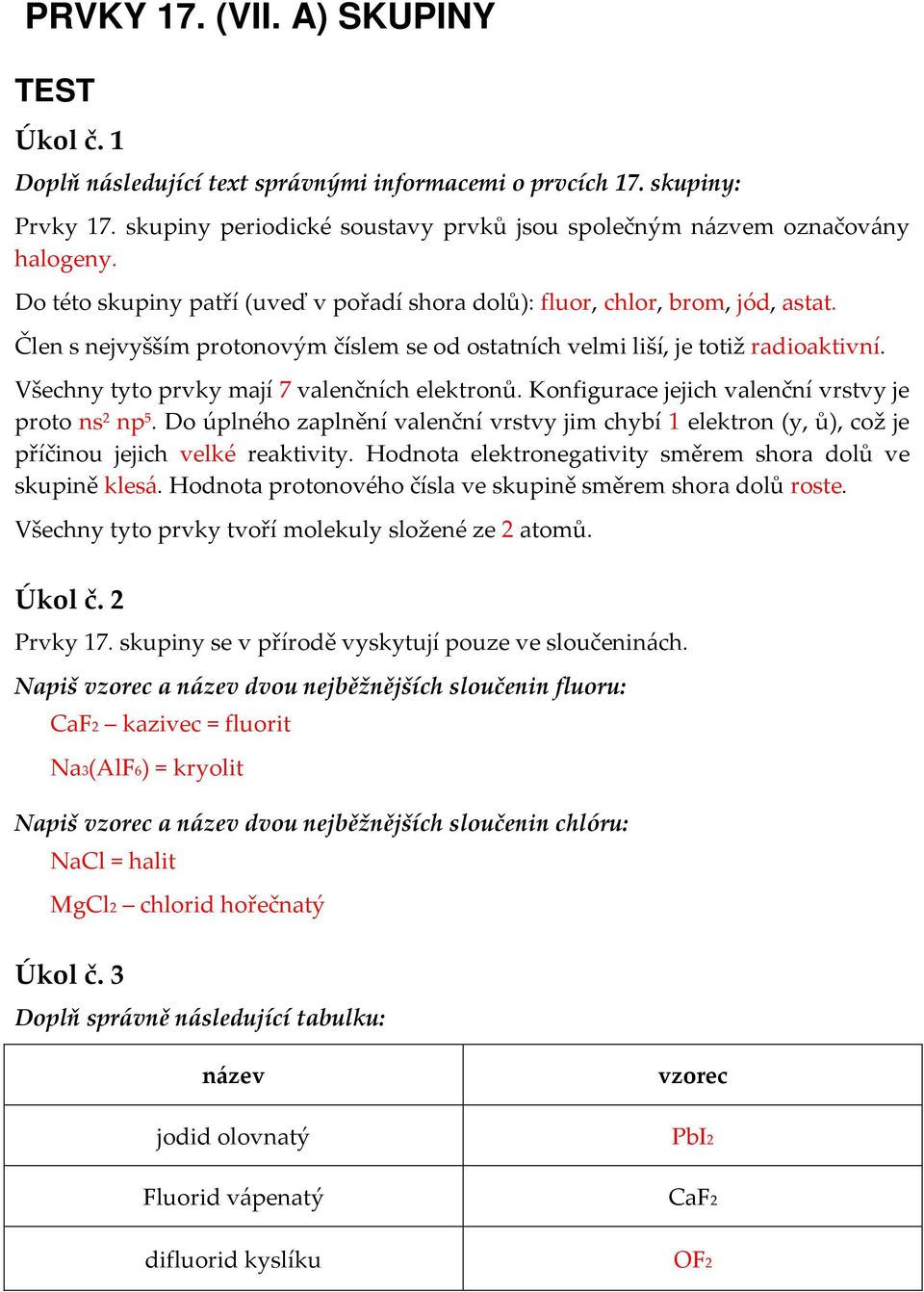 Všechny tyto prvky mají 7 valenčních elektronů. Konfigurace jejich valenční vrstvy je proto ns 2 np 5.