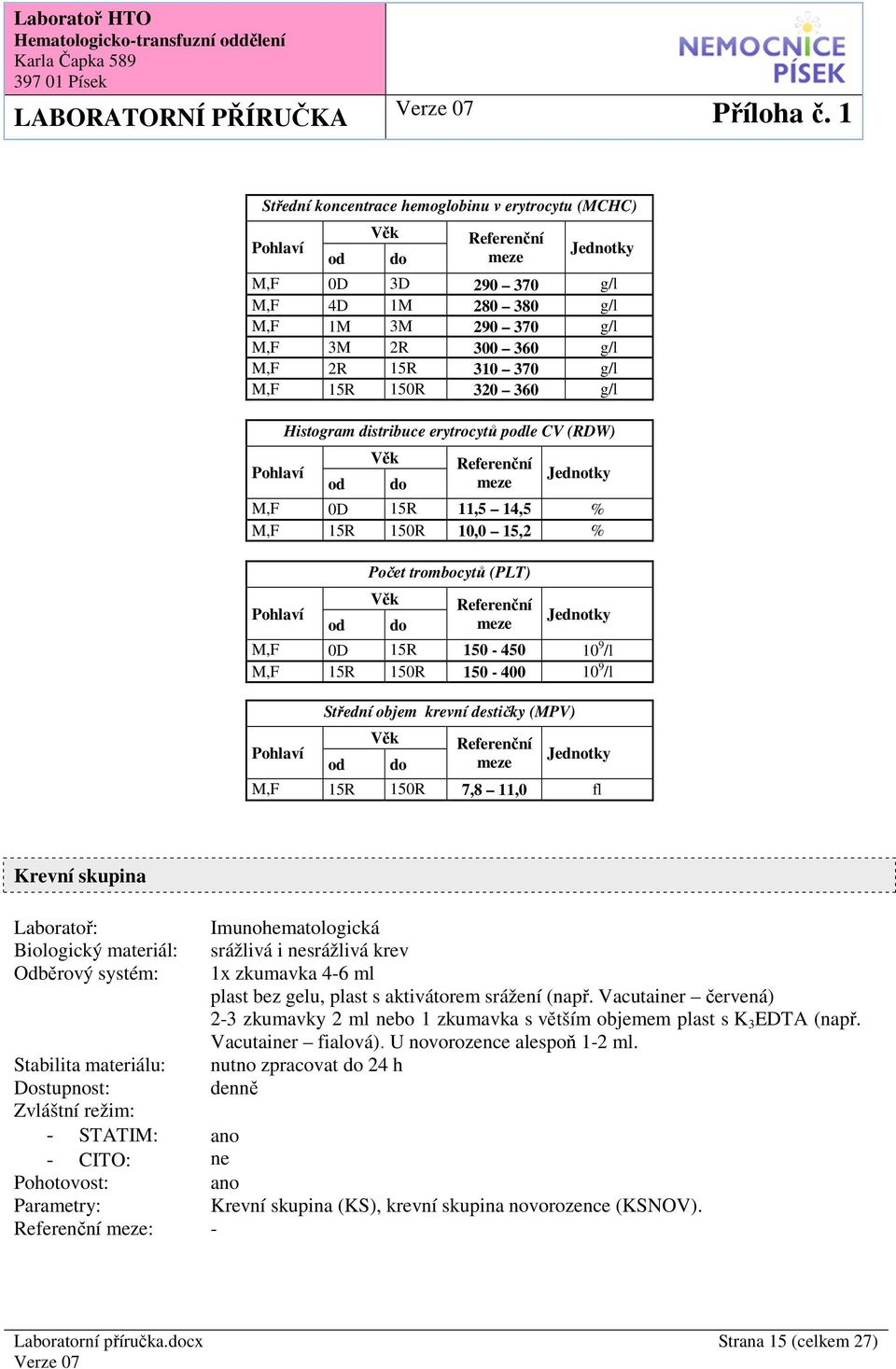 Střední objem krevní destičky (MPV) M,F 15R 150R 7,8 11,0 fl Krevní skupina Imunohematologická srážlivá i srážlivá krev 1x zkumavka 4-6 ml plast bez gelu, plast s aktivátorem srážení (např.
