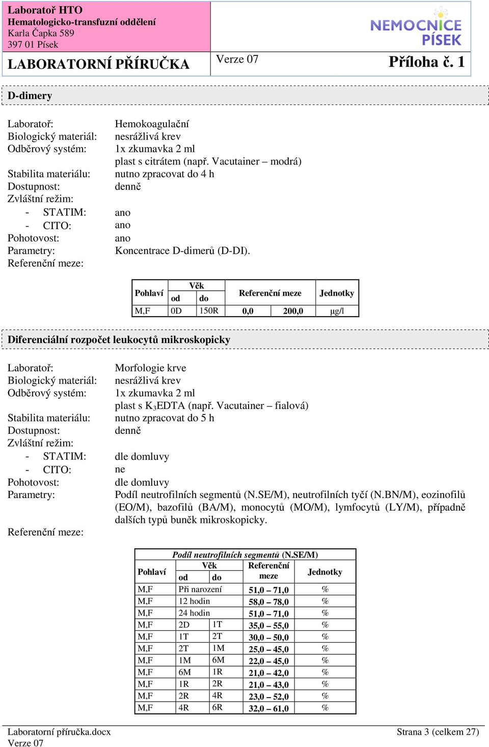 Vacutair fialová) nutno zpracovat 5 h dle mluvy dle mluvy Píl utrofilních segmentů (N.SE/M), utrofilních tyčí (N.