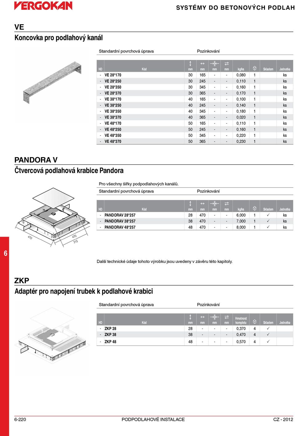 48*50 50 45 - - 0,10 1 ks - VE 48*350 50 345 - - 0,0 1 ks - VE 48*370 50 35 - - 0,30 1 ks PADORA V Čtvercová podlahová krabice Pandora Pro všechny šířky podpodlahových kanálů.