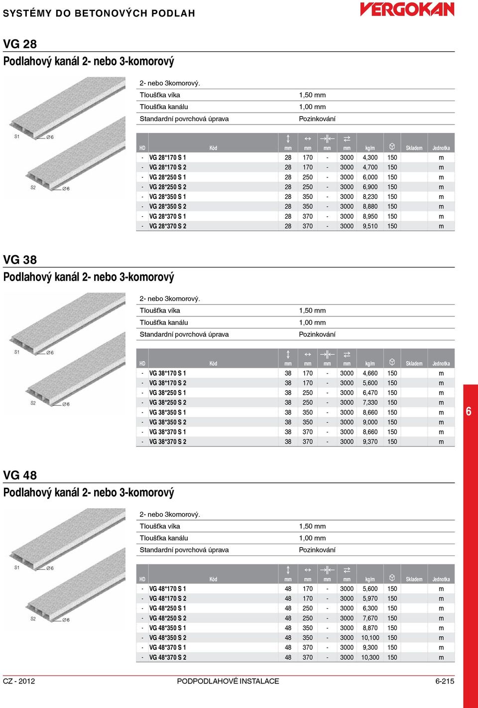 50-3000,900 150 m - VG 8*350 S 1 8 350-3000 8,30 150 m - VG 8*350 S 8 350-3000 8,880 150 m - VG 8*370 S 1 8 370-3000 8,950 150 m - VG 8*370 S 8 370-3000 9,510 150 m VG 38 Podlahový kanál - nebo