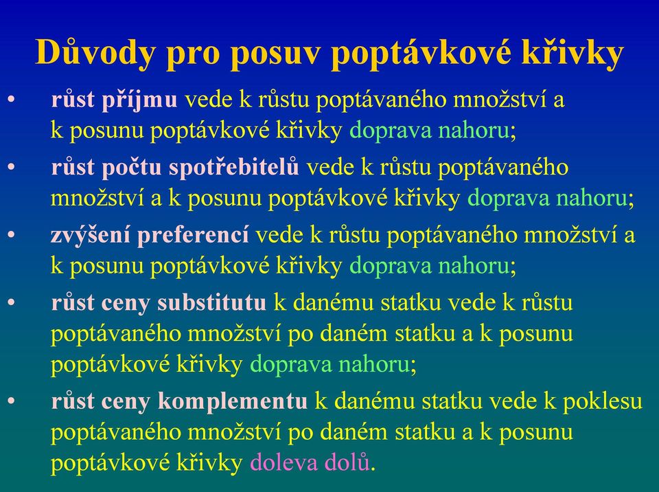 k posunu poptávkové křivky doprava nahoru; růst ceny substitutu k danému statku vede k růstu poptávaného množství po daném statku a k posunu