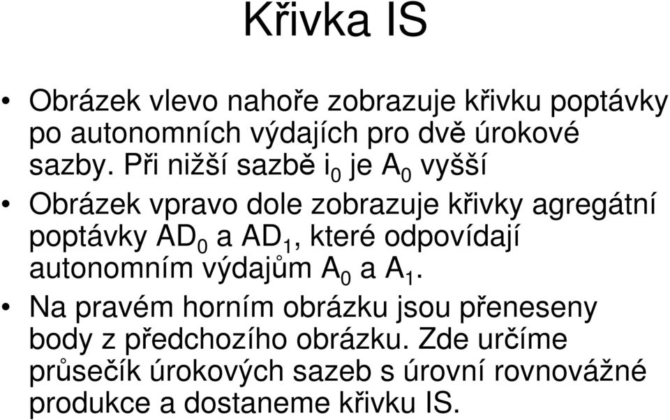 Při nižší sazbě i 0 je A 0 vyšší Obrázek vpravo dole zobrazuje křivky agregátní poptávky AD 0 a AD 1,