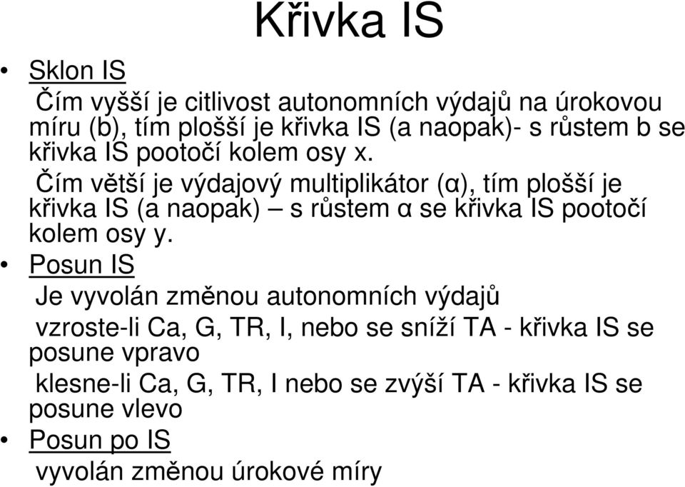 Čím větší je výdajový multiplikátor (α), tím plošší je křivka IS (a naopak) s růstem α se křivka IS pootočí kolem osy y.